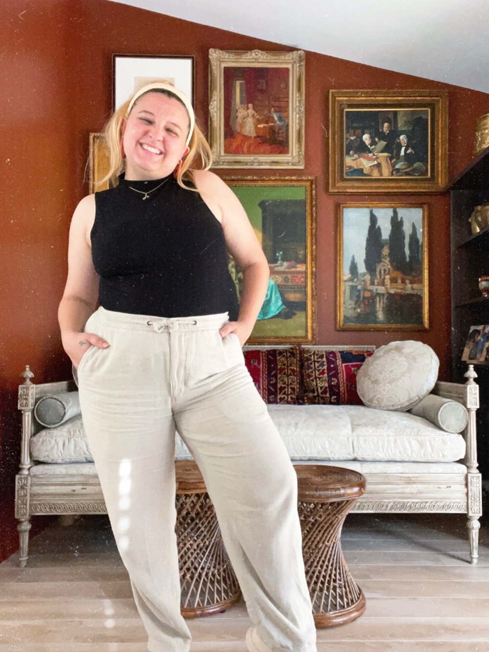 Vintage Linen Trousers Medium Stretchy Lightweight Neutral Pants